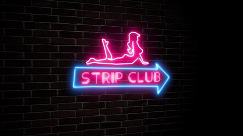 Strip club neon sign arrow flashing and woman silhouette on dark brick wall animation adult entertainment concept