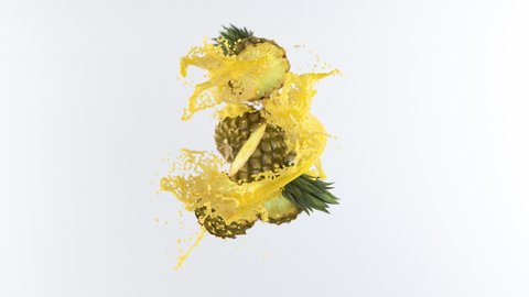 Pineapple with juice splash. Realistic 3d animation.