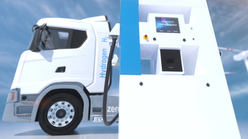 hydrogen logo on gas stations fuel dispenser. h2 combustion Truck engine for emission free ecofriendly transport. 3d rendering Royalty-Free Stock Footage #1054374356