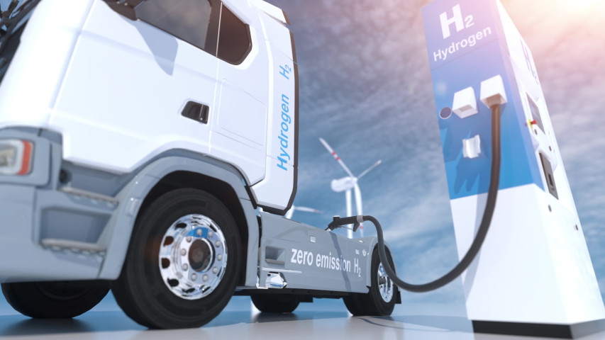 Hydrogen logo on gas stations fuel dispenser. h2 combustion Truck engine for emission free ecofriendly transport. 3d rendering | Shutterstock HD Video #1054374356
