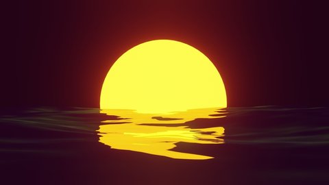 Beautiful scorching sunset, bright orange close-up sun, slowly setting over horizon or rising, creating sunny or lunar path on water. Reflecting its color, game of light. 3d rendering.