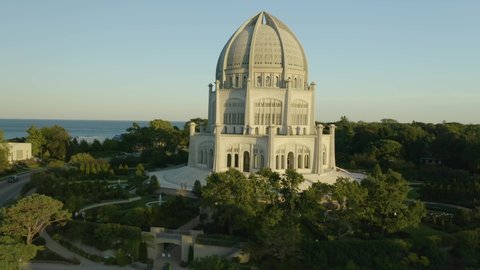 Birds Eye Aerial View of Bahai House of Worship in Suburban Chicago. Rise Up, Pan Down