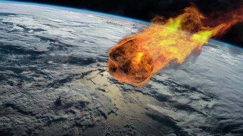 Meteorite Falling to Earth. Asteroid, comet, meteorite glows, enters the earth's atmosphere. Attack meteorite. Meteor Rain. End of the world. Elements of this image furnished by NASA. 3d rendering.