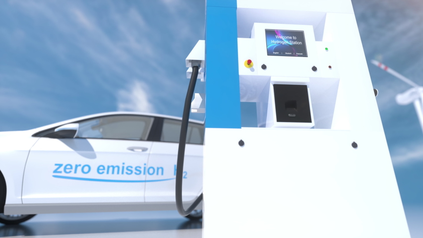 hydrogen logo on gas stations fuel dispenser. h2 combustion engine for emission free ecofriendly transport. 3d rendering Royalty-Free Stock Footage #1054378685