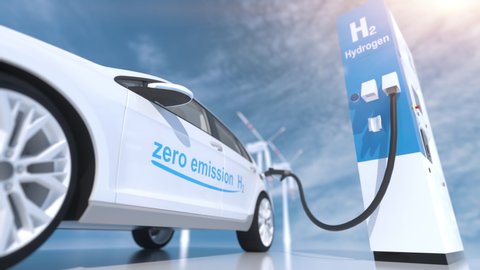 hydrogen logo on gas stations fuel dispenser. h2 combustion engine for emission free ecofriendly transport. 3d rendering
