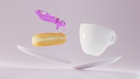 Empty white cup and golden, airy, fresh doughnut on saucer with coloured powder and pink confectionery glaze floating in air. Dinnerware and pastry as if frozen in weightlessness. 3d rendering.