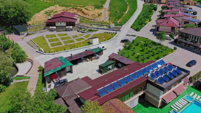 Resort complex from above. Aerial fly over of suburban resort complex