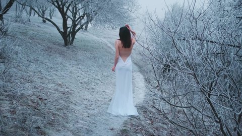 Young woman bride turned away walks on snowy road winter fog in forest. Beautiful trees in frost. brunette loose hair. Naked sexy back. White long wedding fashion vintage dress. Model posing rear view