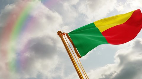 Flag of Benin Waving in the wind, Cloudy and Rainbow Background, Slow Motion, Realistic Animation, 4K UHD 60 FPS Slow-Motion