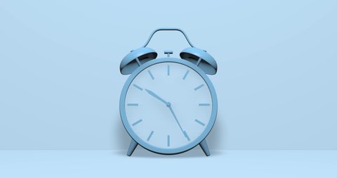 3d Render of a Minimal pastel Blue Twin bell Alarm clock. Zoom out effect. Concept of time passing, hours, seconds and minutes. Time to sleep or wake up, special event , date or countdown.