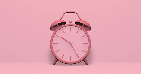 3d Render of a Minimal pastel Pink Twin bell Alarm clock. Zoom out effect. Concept of time passing, hours, seconds and minutes. Time to sleep or wake up, special event , date or countdown.