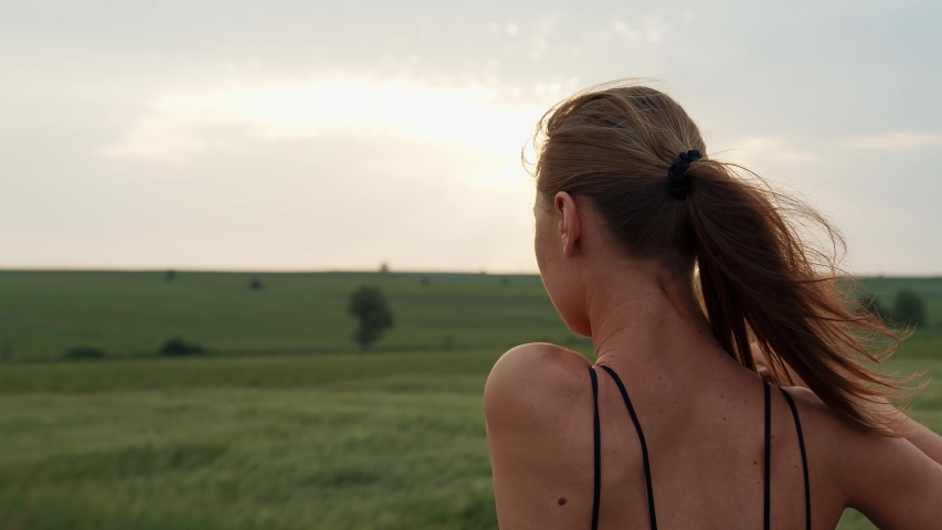 Cropped Close up Shot of Girl Athlete Stretching Neck, Arms and Back Muscles. Back View of Young Slim Woman Doing Exercises Outdoors At Dawn. Royalty-Free Stock Footage #1054386077