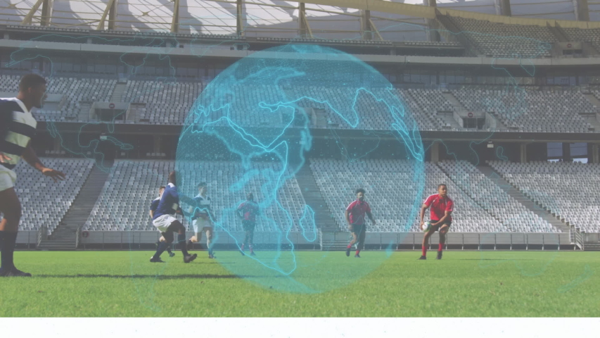 Animation of blue globe spinning with data processing over two multi-ethnic rugby teams playing rugby, running and pushing digital composite