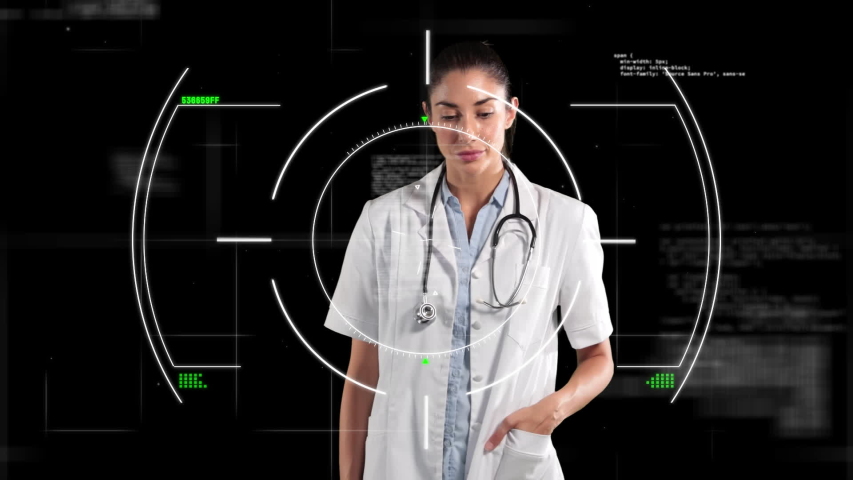 Animation of Caucasian female doctor using 3D screen over data processing. Global economy and technology concept digital composite - Powered by Shutterstock - Get 15% off with code: PIKWIZARD15