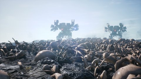 Military mech are walking on a battlefield covered with human bones and skulls. The concept of the future Apocalypse. Animation for military, futuristic, or fantasy backgrounds.