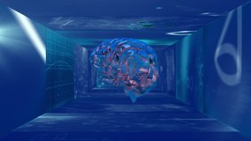 Animation of a 3D human brain model spinning over a tunnel made of screens showing mathematical equations and formulae floating. Science and research concept digitally generated image - Powered by Shutterstock - Get 15% off with code: PIKWIZARD15
