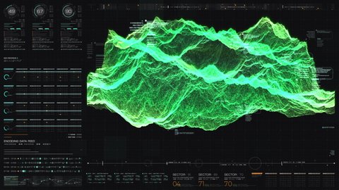 Futuristic Holographic Terrain environment, geomorphology, topography and digital data telemetry information display motion graphic user interface head up display screen
