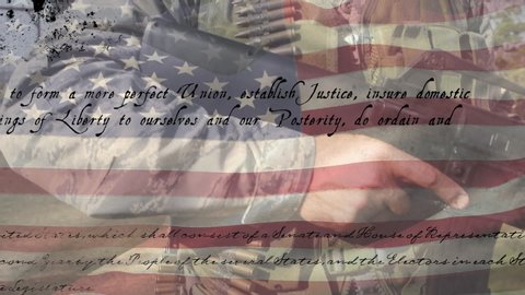 Animation of U.S. flag waving with U.S. Constitution text rolling over Caucasian soldier holding a gun. United States of America flag and holiday concept digital composition