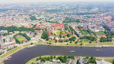 Dolly zoom. Krakow, Poland. Wawel Castle. Ships on the Vistula River. View of the historic center, Aerial View, Departure of the camera