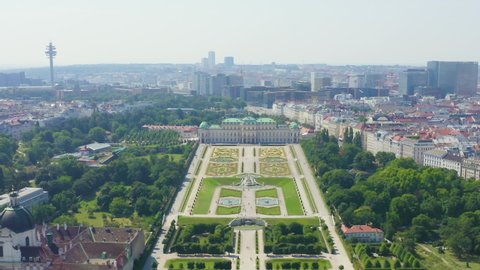 Dolly zoom. Vienna, Austria. Belvedere is a baroque palace complex in Vienna. Built by Lucas von Hildebrandt at the beginning of the 18th century, Aerial View