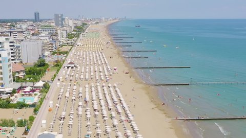 Dolly zoom. Italy, Jesolo. Lido di Jesolo is the beach area of the city of Jesolo in the province of Venice, Aerial View.