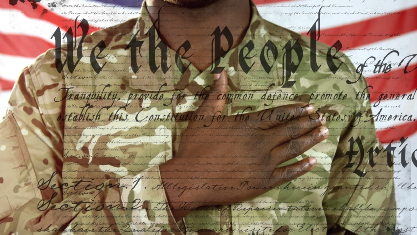 Animation of U.S. flag waving with U.S. Constitution text rolling over African American soldier singing national anthem. United States of America flag and holiday concept digital composition Royalty-Free Stock Footage #1054399511