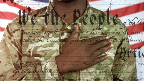 Animation of U.S. flag waving with U.S. Constitution text rolling over African American soldier singing national anthem. United States of America flag and holiday concept digital composition