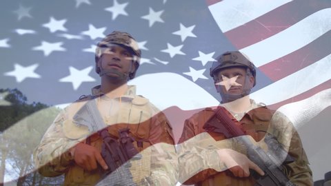 Animation of U.S. flag waving over Caucasian and mixed race soldiers walking, holding guns. United States of America flag and holiday concept digital composition