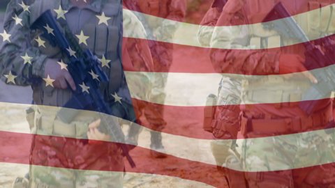 Animation of U.S. flag waving over multi-ethnic group of soldiers walking and holding guns. United States of America flag and holiday concept digital composition