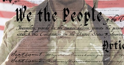Animation of U.S. flag waving with U.S. Constitution text rolling over African American male soldier wearing military uniform. United States of America flag and holiday concept digital composition