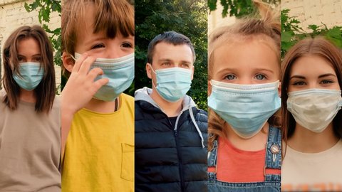 Happy positive people collage, young women, man and kids taking off protective medical mask from face, smiling. Happy end quarantine and home isolation. Victory over coronavirus Pandemic Covid-19