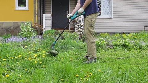 A tall man in a blue t-shirt and medical mask mows the lawn with an electric lawn mower. Warm summer weather, grass moving in the wind. Weed and dandelion control in the garden of a private house.