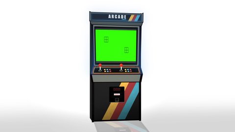 Arcade Maschine. Glowing Arcade Machine with placeholder green screen  on white background - Tracking matte - Zoom in