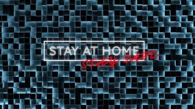 Animation of neon white and red words Stay At Home Stay Safe in a frame over blue squares. Coronavirus Covid 19 social distancing self isolation quarantine lockdown concept digital composition - Powered by Shutterstock - Get 15% off with code: PIKWIZARD15