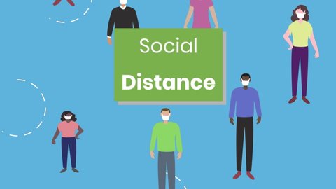 Animation of the words Social Distance flashing on blue background with digital human shapes wearing face masks. Social distancing self isolation in quarantine lockdown digital composite.