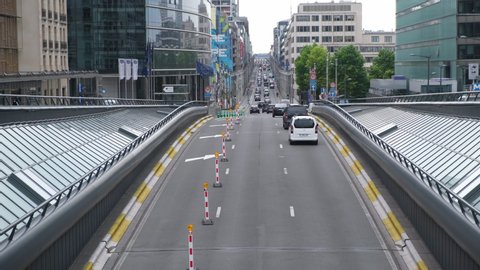 Traffic jam in central street of Brussels, Belgium on Jun. 12, 2020
