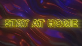 Animation of yellow neon words Stay At Home over blue liquid background. Coronavirus Covid 19 social distancing self isolation quarantine lockdown concept digital composition - Powered by Shutterstock - Get 15% off with code: PIKWIZARD15