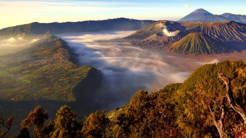 4K Panning time lapse Of Bromo volcano at sunrise, East Java, Indonesia