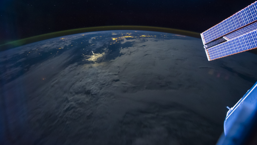 ISS Time-lapse Video of Earth seen from the International Space Station with dark sky and city lights at night overNorth South USA, Time Lapse 4K. Images courtesy of NASA. Royalty-Free Stock Footage #1054413233
