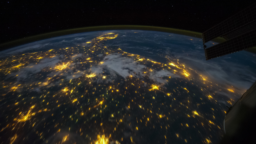 ISS Time-lapse Video of Earth seen from the International Space Station with dark sky and city lights at night overNorth South USA, Time Lapse 4K. Images courtesy of NASA.