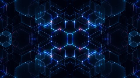 An abstract pattern formed by moving hexagons create an intricate structure, while circuits fire causing lights to glow. A neat VJ style looping background.