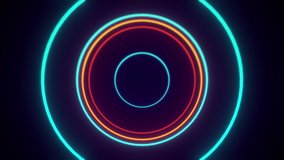 An endless VJ tunnel of circle shaped neon lights in orange and blue coming towards the viewer. A composition with a real retro feel. Loops seamlessly.