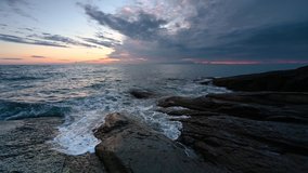 Summer morning at rocky beach. Video with beautiful morning view of the south rocky Black Sea coast, Bulgaria