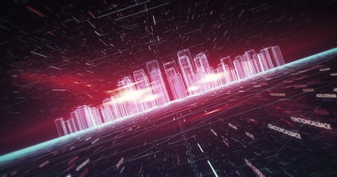 Abstract Visualization Of A Digital City Made Of Codes And Numbers. Digital Skyscrapers And Smart City Buildings With Flying Codes And Particles. Camera Slowly Moving Forward.