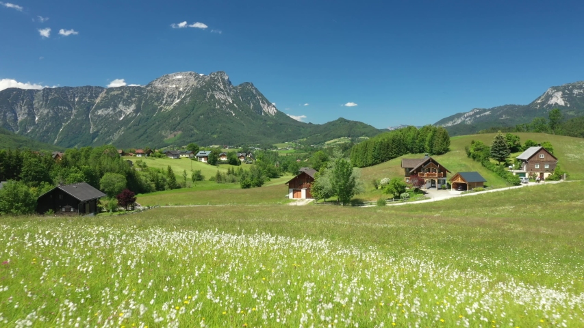 Flying over a flower meadow to Bad Aussee, Austrian Alps, Salzkammergut, Ausseerland, Austria | Shutterstock HD Video #1054420415