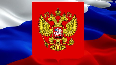 Russia waving flag. National 3d Russian flag with eagle emblem waving. Sign of Russia Coat of arms seamless loop animation. Russian flag HD resolution Background. Russians flag - Moscow,9 May 2020