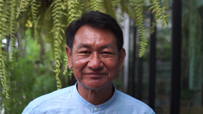 Portrait asian old man smiling with happiness, Elderly concept, good mood