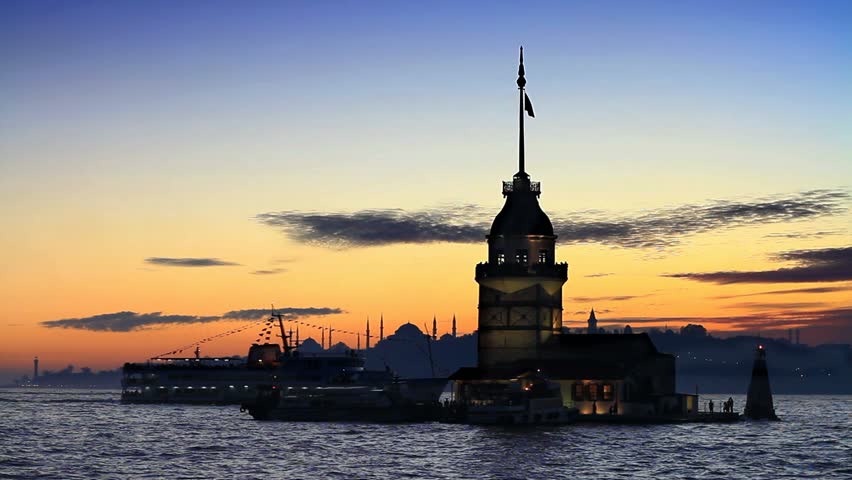 Istanbul Maiden Tower from the east in sunset. In the distance are such