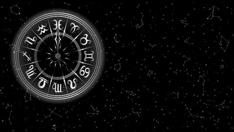 Animated Round Frame with Zodiac Sign. Black and White Horoscope Symbol and Arrow. Panoramic Sky Map of Hemisphere. Colorful Constellations on Starry Night Background. Loop Seamless Stock Footage. 3D 