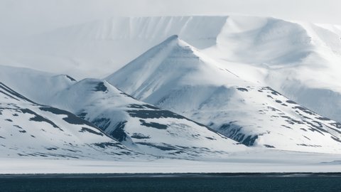 The Advent Fjord on Svalbard, on the Arctic ocean coast of Spitsbergen island.